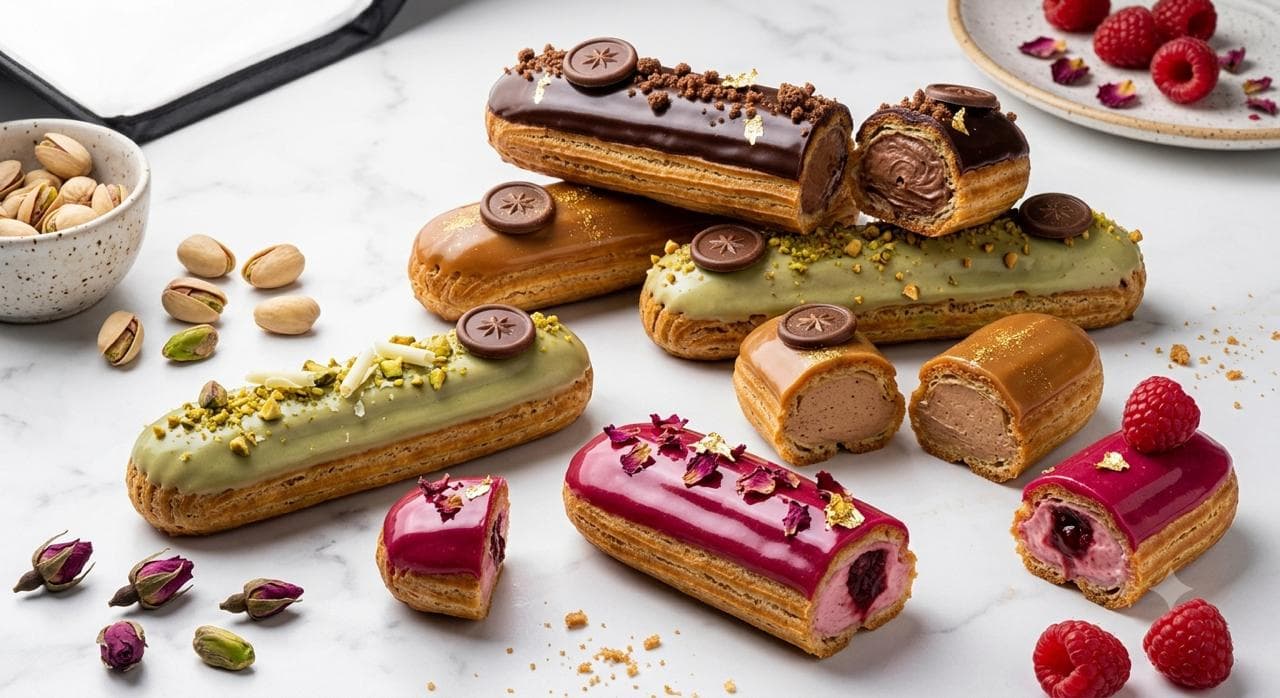 Éclairs de Génie dressés sur marbre, pistaches et framboises
